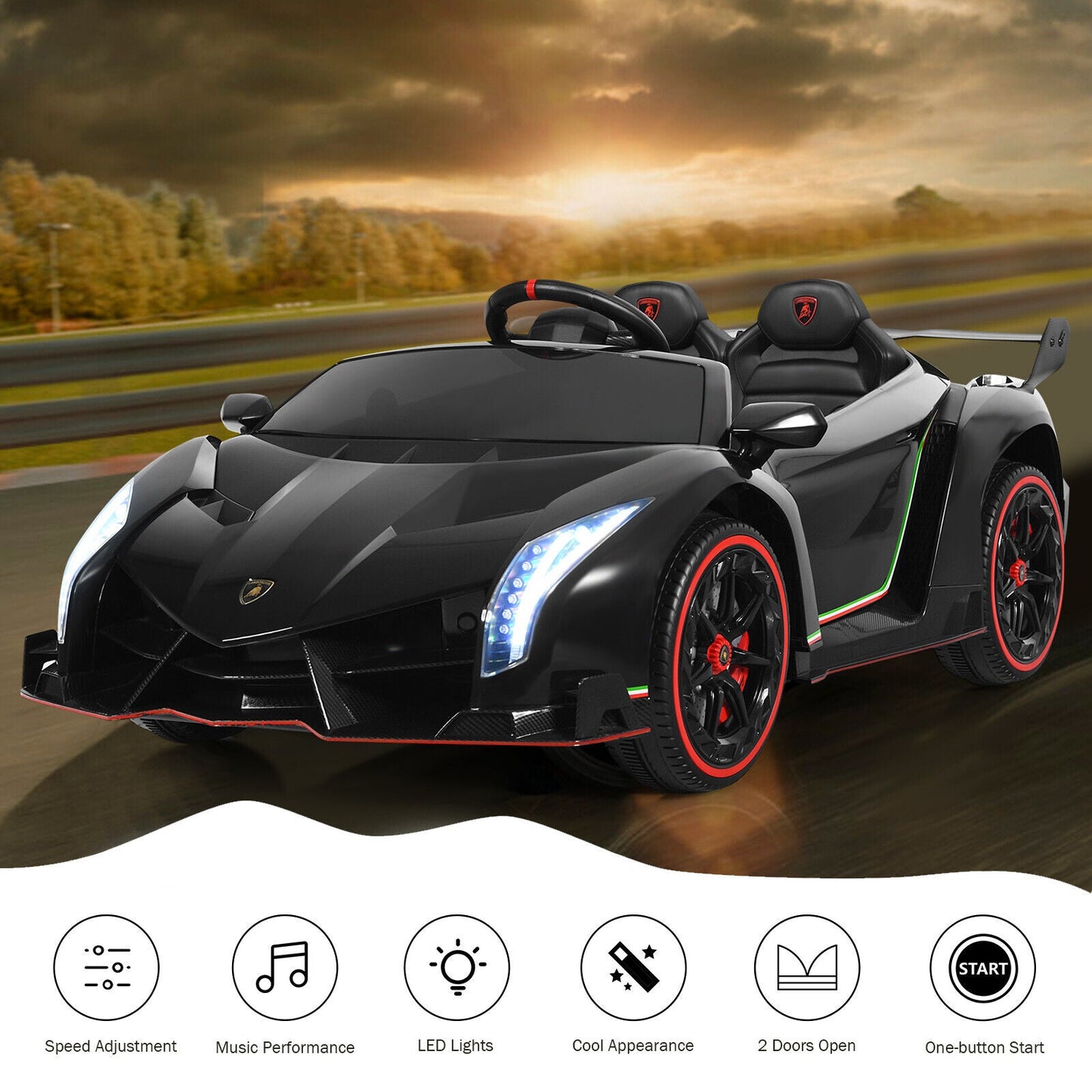 2-Seater Licensed Lamborghini Kids Ride On Car with RC and Swing Function - Black (12V)