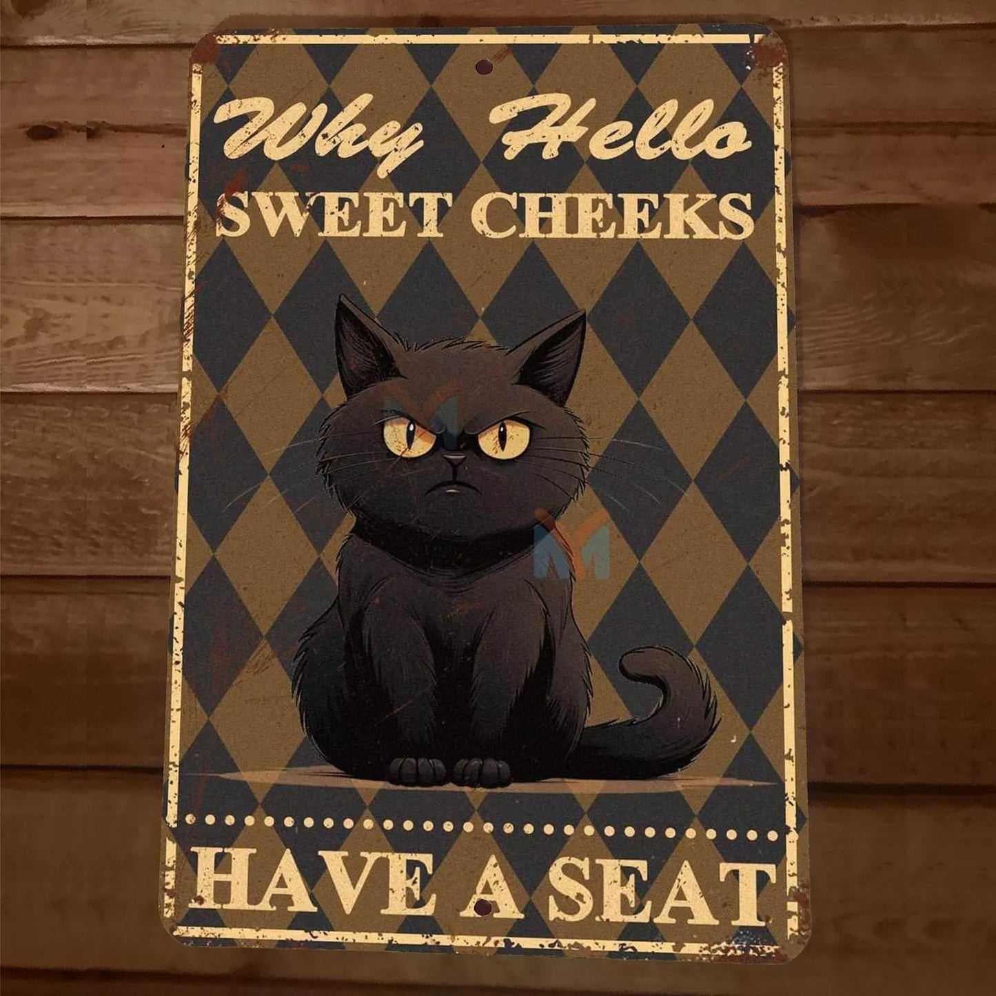 Well Hello There Sweet Cheeks Have a Seat Black Cat 8x12 Metal Wall Animal Sign