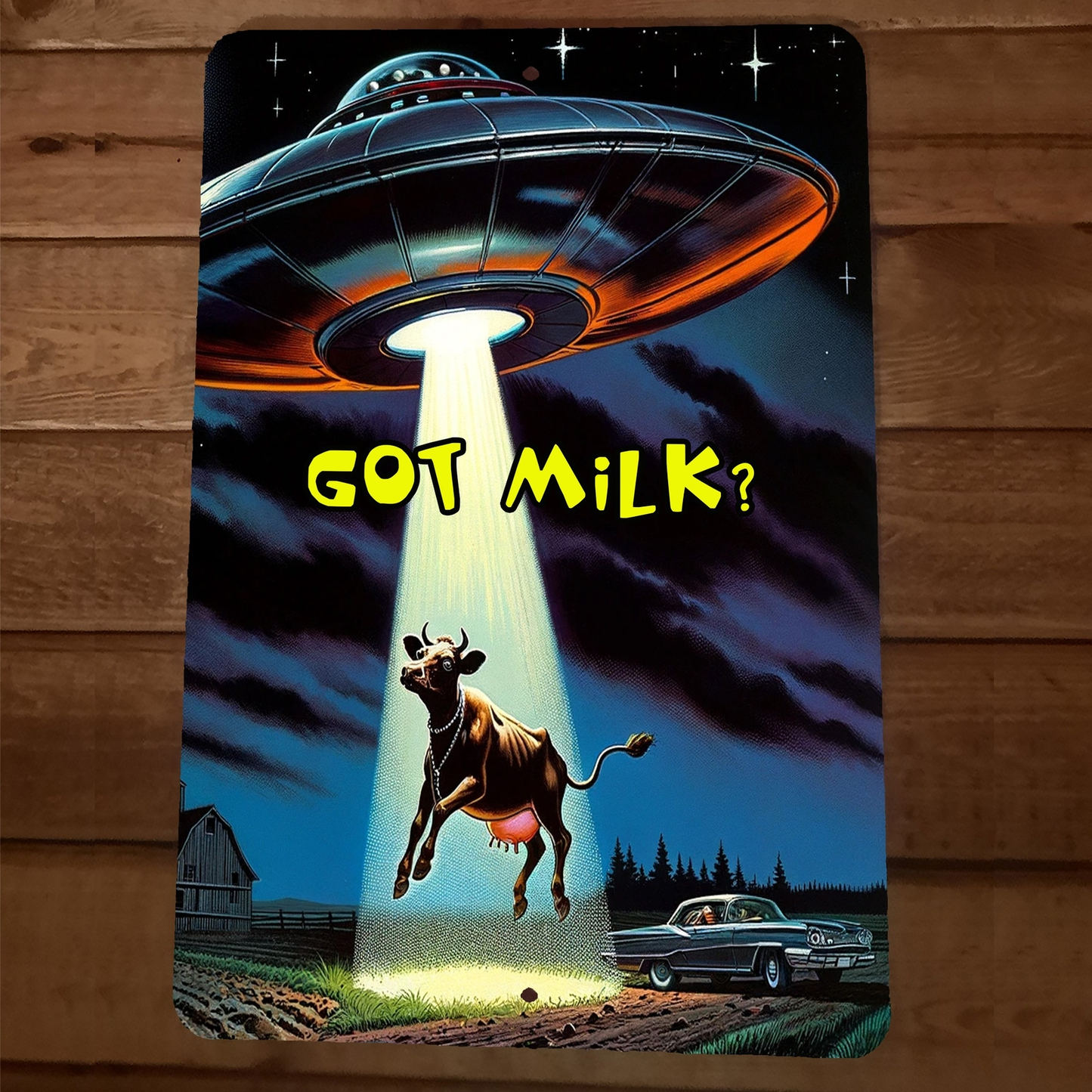 Got Milk? Aliens UFO Flying Saucer Abducting Cow 8x12 Metal Wall Sign