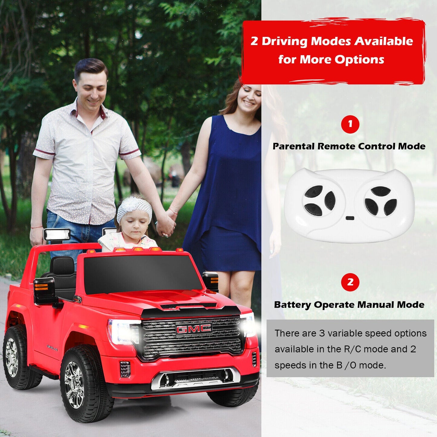 Licensed GMC 2-Seater Kids Ride On Truck with RC Control and Storage Box - Red