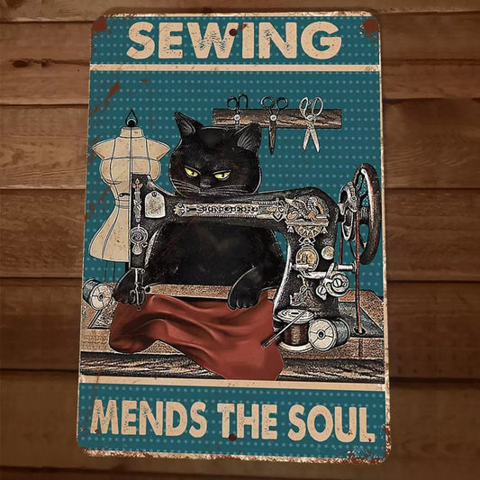 Sewing Mends the Soul Black Cat 8x12 Metal Wall Animal Sign