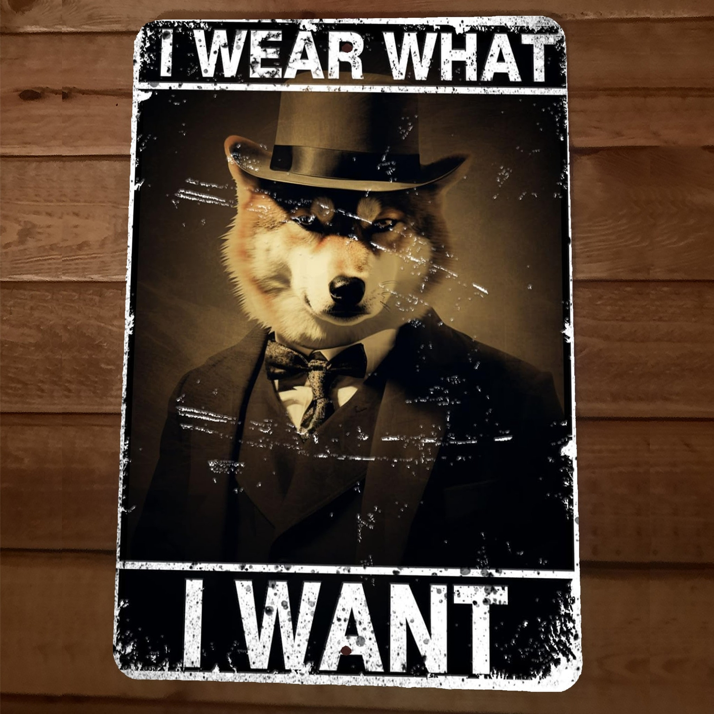 I Wear What I Want Wolf in Tuxedo 8x12 Funny Bathroom Metal Wall Sign