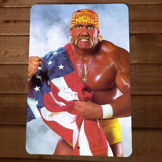 Legendary Hulk Hogan USA Flag Draping on Shoulder 8x12 Metal Wall Sign