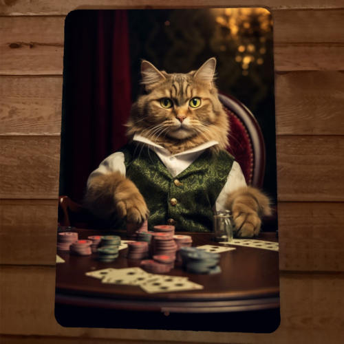 Cat Gambling Playing Cards Poker 8x12 Metal Wall Sign #1