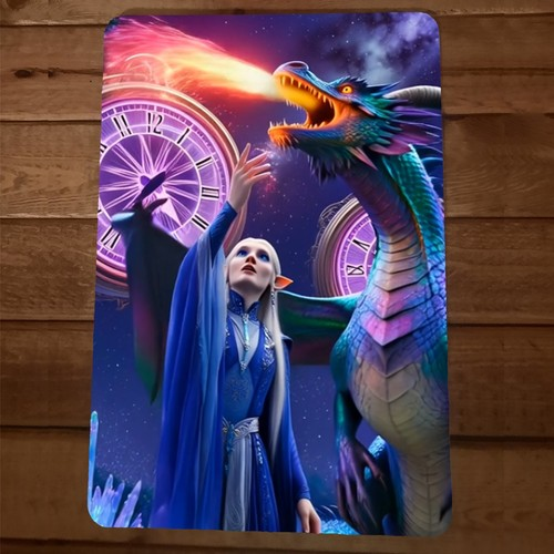 Flaming Dragon and Elf 8x12 Metal Wall Sign 5th Dimension 5D
