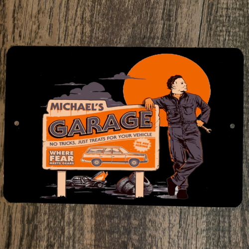 Michaels Garage 8x12 Metal Wall Halloween Sign Where Fear Meets Gears Myers