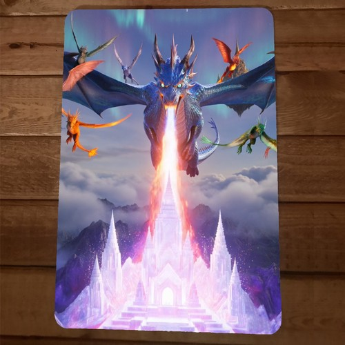 Fire Breathing Dragon Over an Ice Castle 8x12 Metal Wall Sign Fantasy 5D