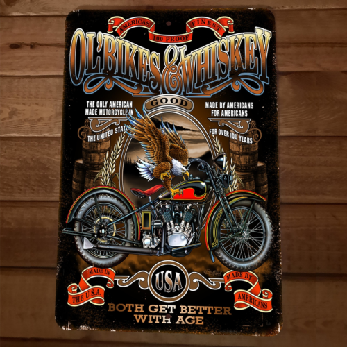 Americas Finest Ol Bikes & Whiskey Indian Motorcycles 8x12 Metal Wall Sign