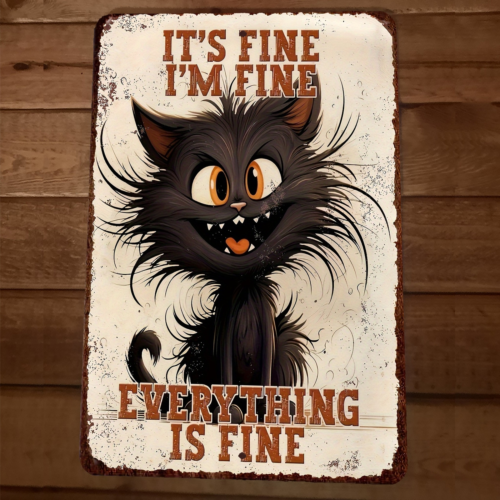 Wild Crazy Cat Im Fine Everything is Fine 8x12 Metal Wall Sign