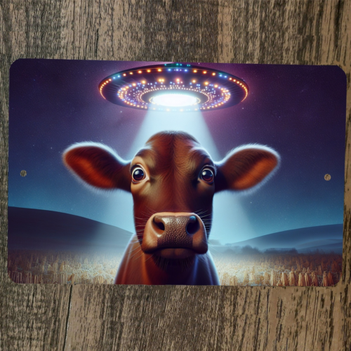 Cow and Aliens UFO Flying Saucer 8x12 Metal Wall Sign