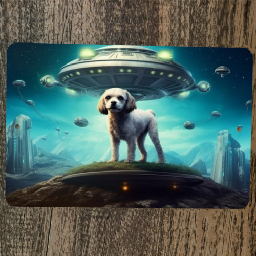 Dog and Aliens UFO Flying Saucer 8x12 Metal Wall Sign