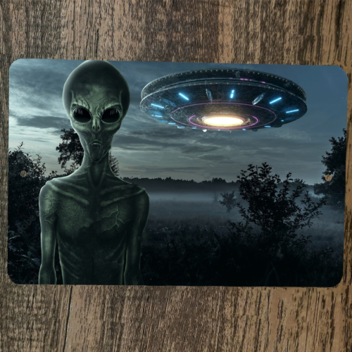 Gray Alien and UFO Flying Saucer 8x12 Metal Wall Sign