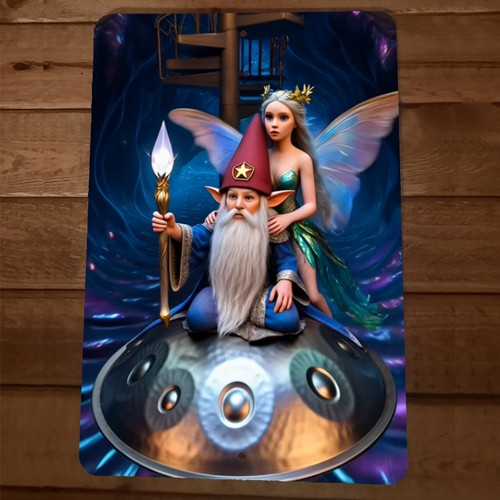 5th Dimension Flying  Gnome Handpan Fairy Artwork 8x12 Metal Wall Sign