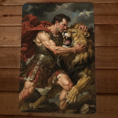 Gladiator taking on a Lion 8x12 Metal Wall Animal Sign