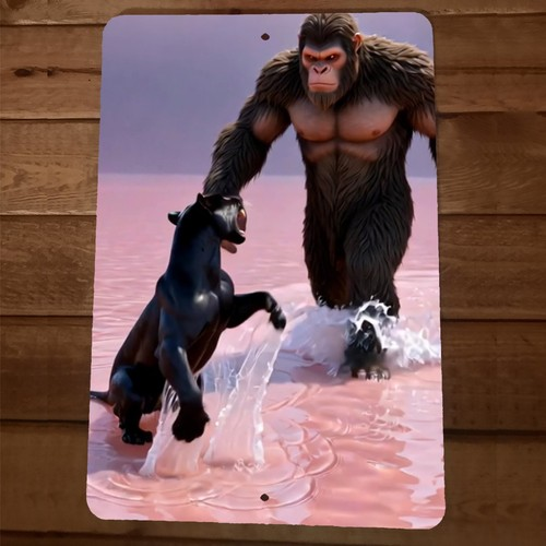 Black Panther Meets Bigfoot 8x12 Metal Wall Animal Sign