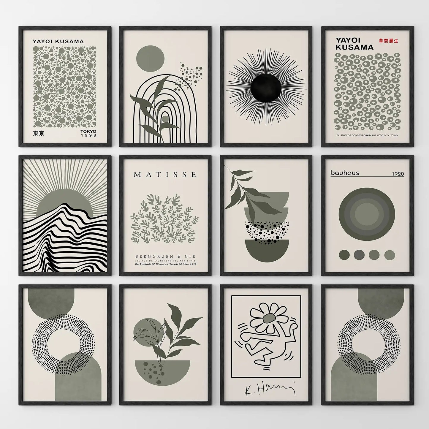 Set of 12 Sage Green Art. Abstract Matisse, Bauhaus MCM Prints