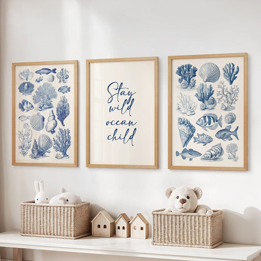 Coastal Sea Life Prints. Blue Sea Shells and Fish Print Set