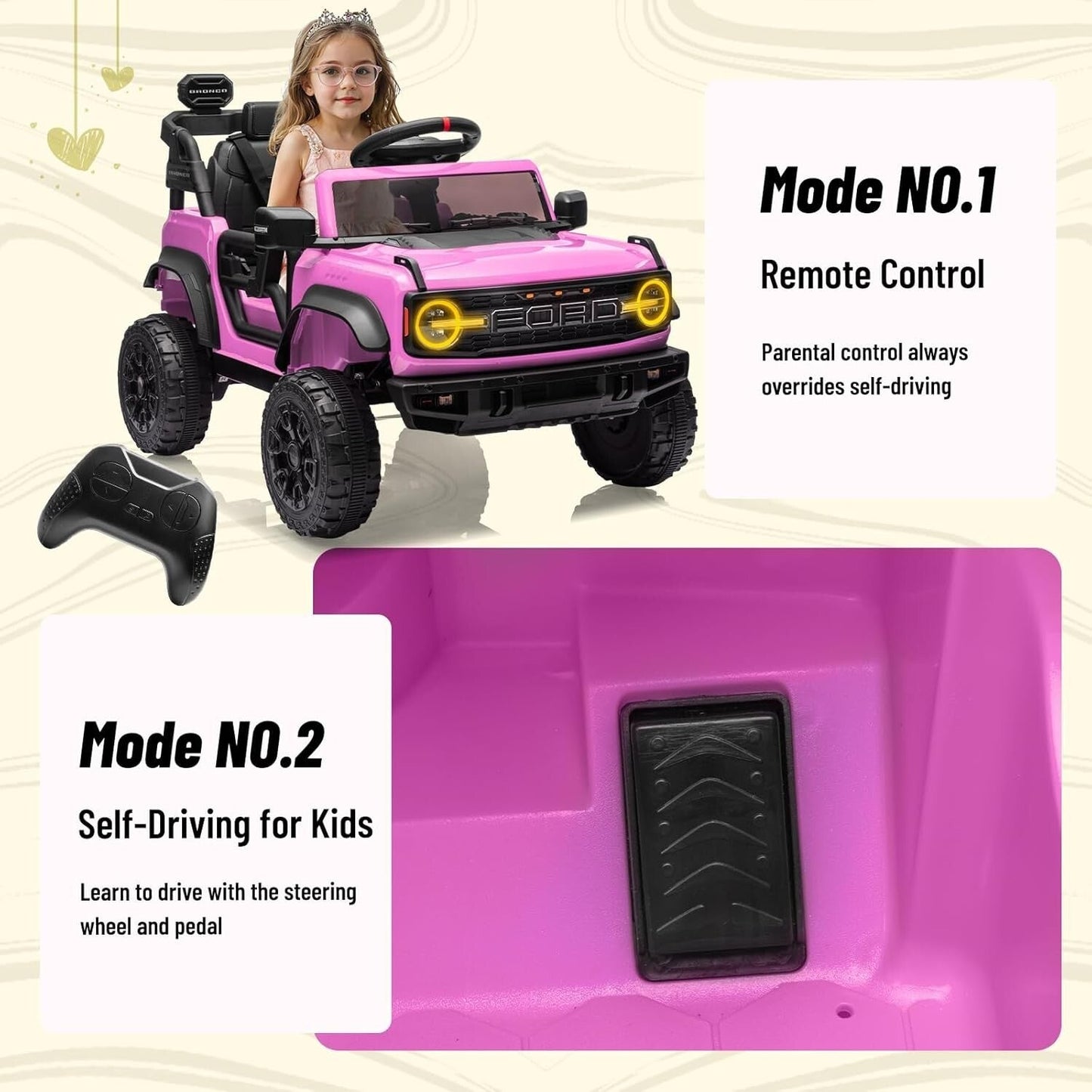 12V Electric Ford Bronco Ride-On Car with Remote Control and Safety Seat Belt for Ages 3-8