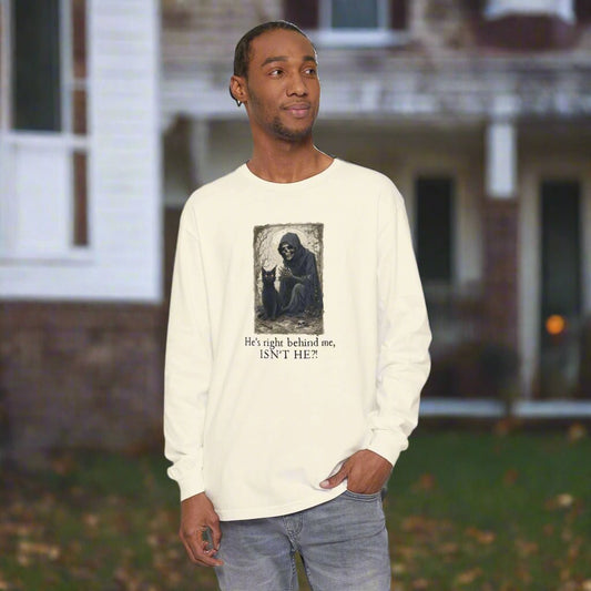 Spooky Cat Grim Reaper Long-Sleeve T-Shirt – Perfect for Halloween Fans
