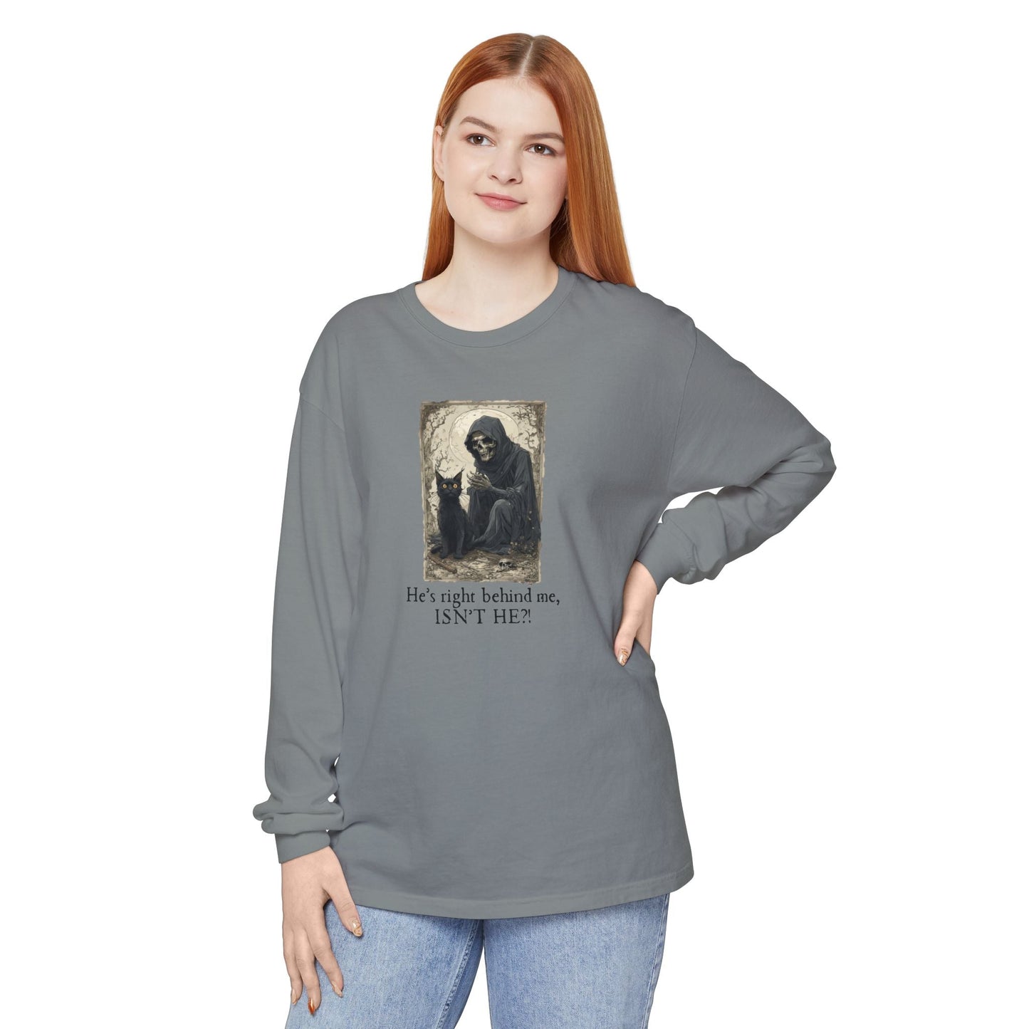 Spooky Cat Grim Reaper Long-Sleeve T-Shirt – Perfect for Halloween Fans