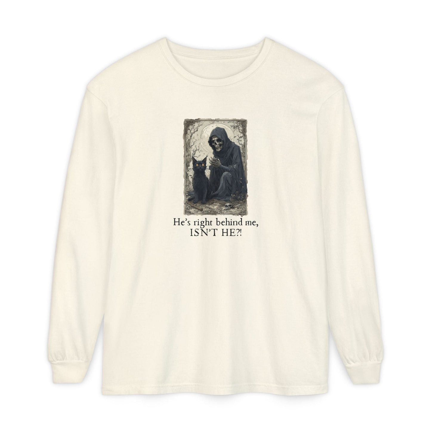 Spooky Cat Grim Reaper Long-Sleeve T-Shirt – Perfect for Halloween Fans