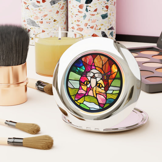 Stained Glass Cat Compact Travel Mirror - Perfect for Pet Lovers