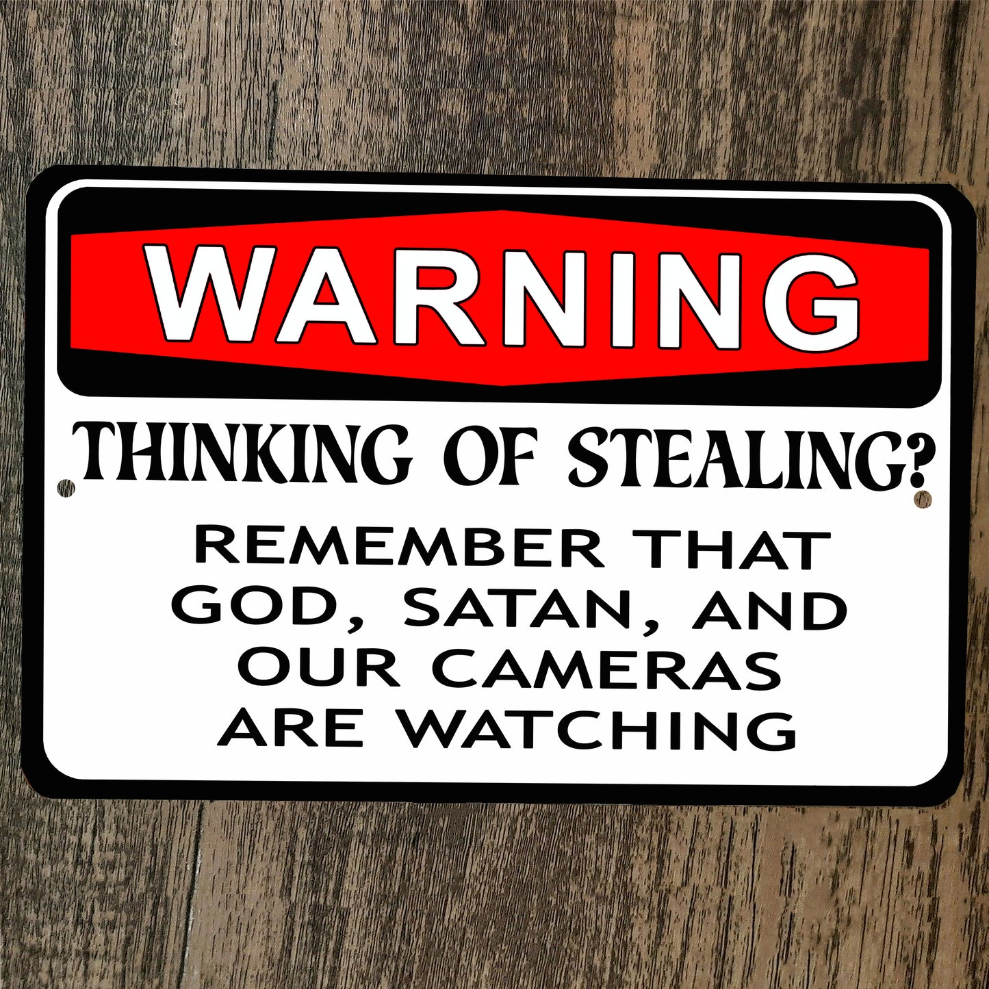 Warning Thinking of Stealing 8x12 Metal Wall Sign God Satan and Cameras are Watching