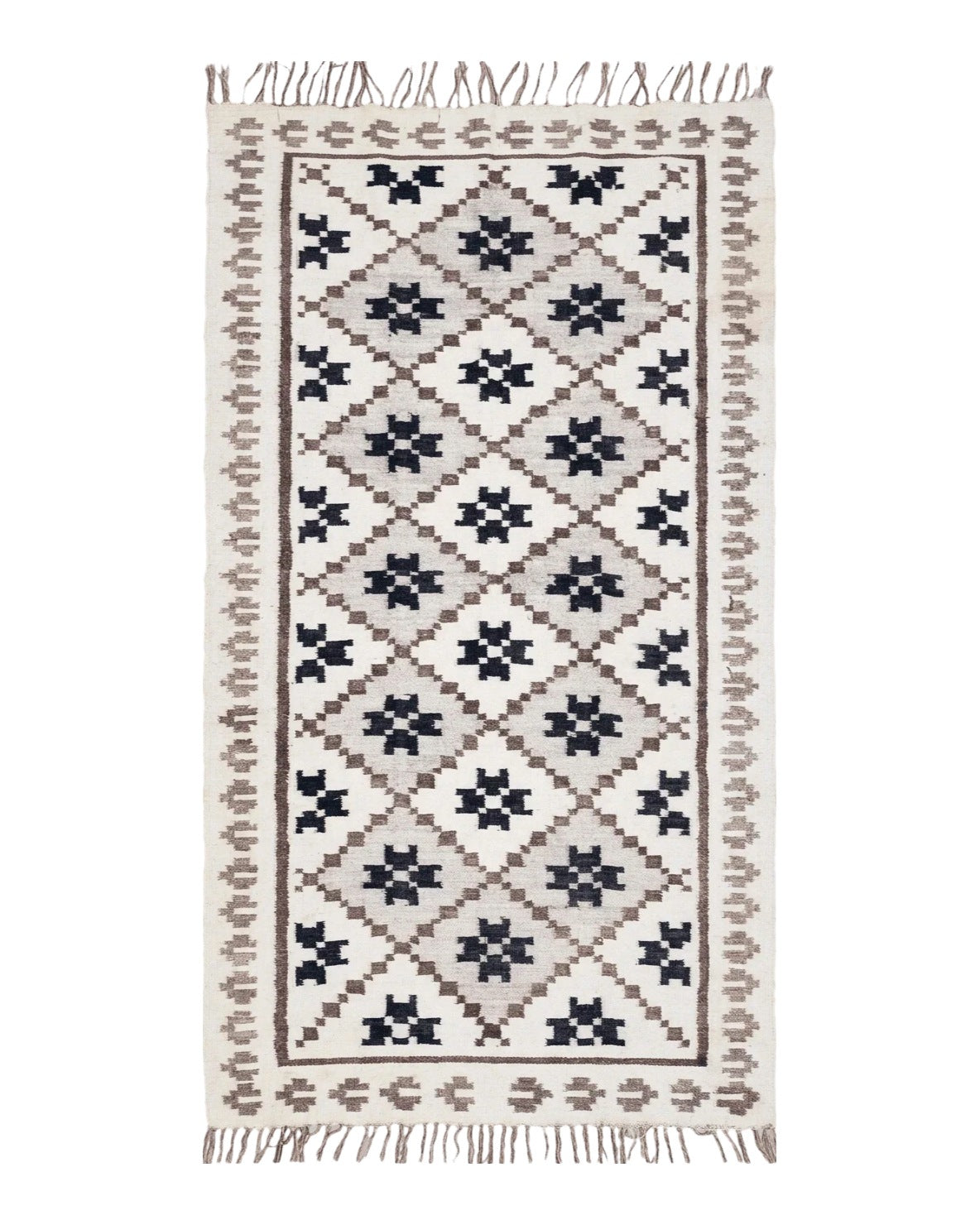 Semi Antique South American Blanket 4x8, Wool Hand-Woven Flatweave Kilim Rug, Handmade Antique Vintage Runner, Ivory & Blue, Diamond Panel
