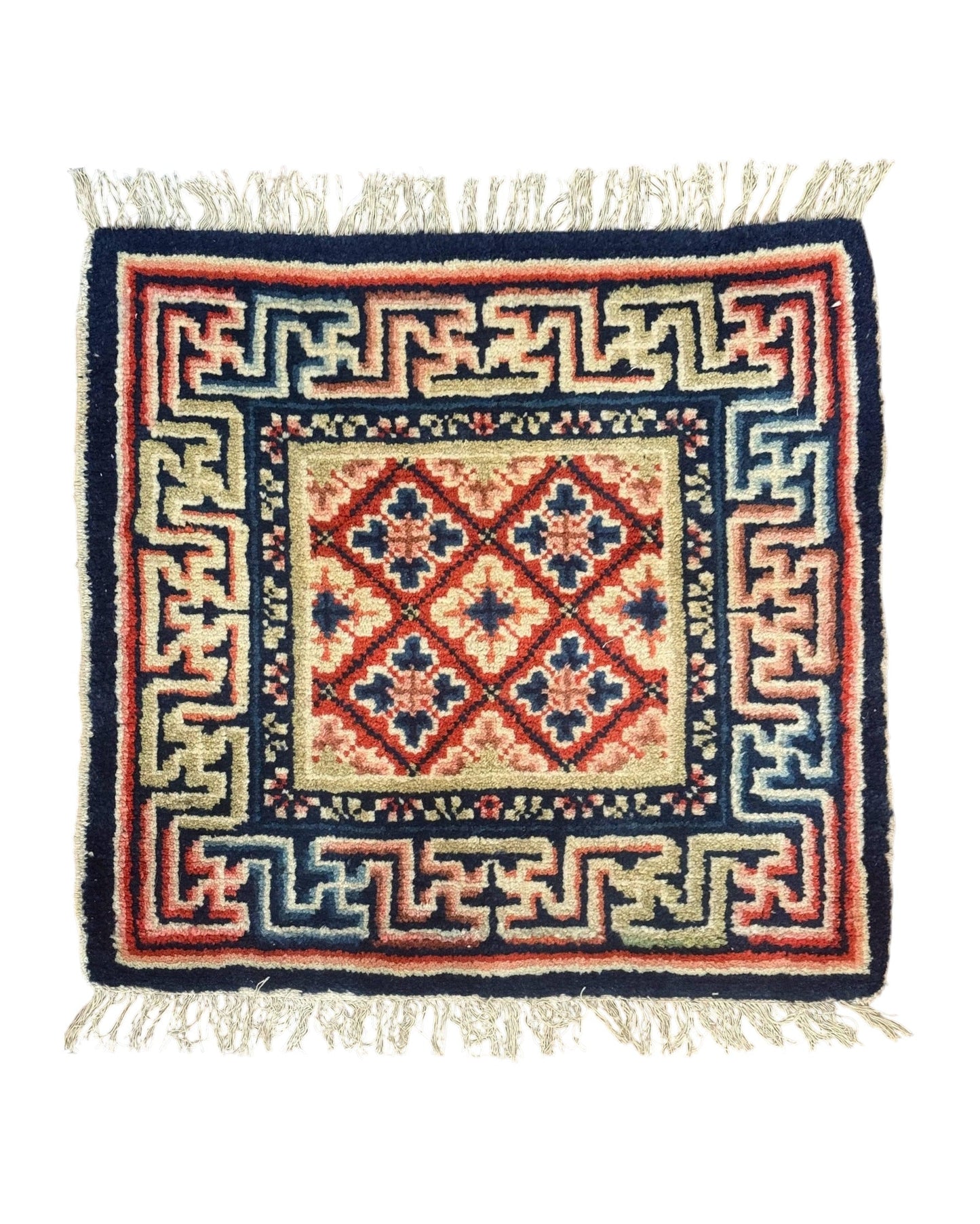 Small Antique Chinese Rug 2x2, Red Blue Square Rug Mat, Handmade, Tibetan Rug