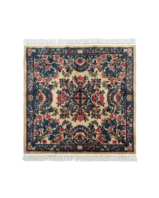 Square Persian Kerman Rug 4x4, Ivory Blue Pink, Handmade, Fine 225 KPSI