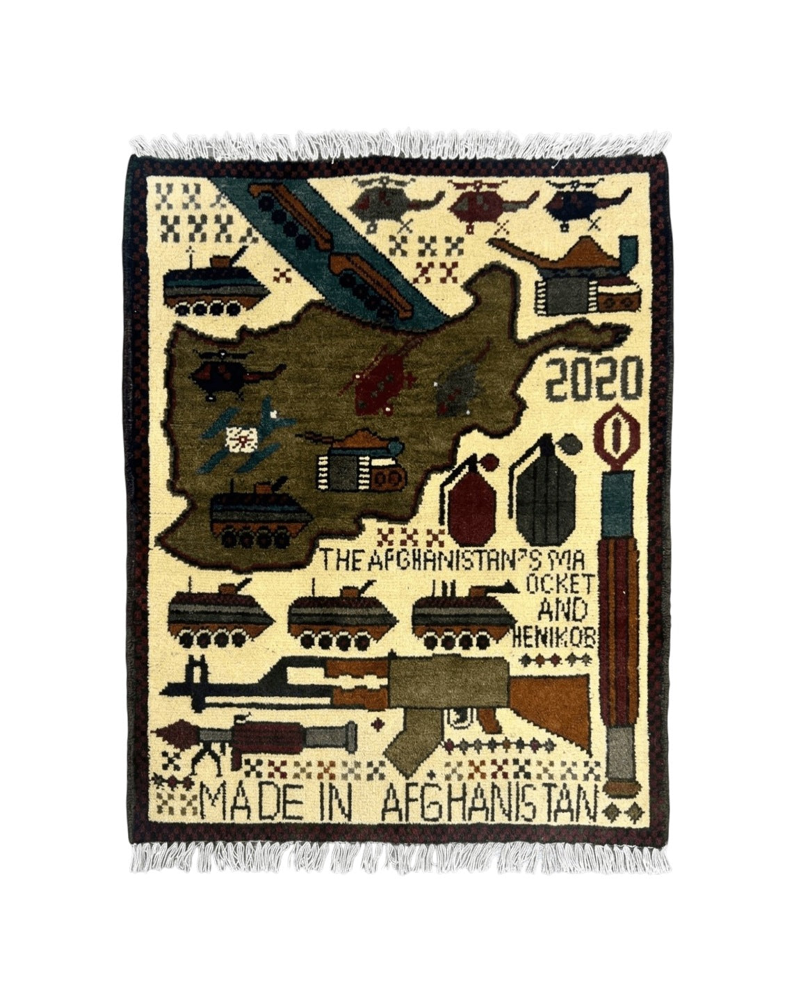 Afghan War Rug, Helicopters Tanks Guns, Handmade, Wool, 2x3