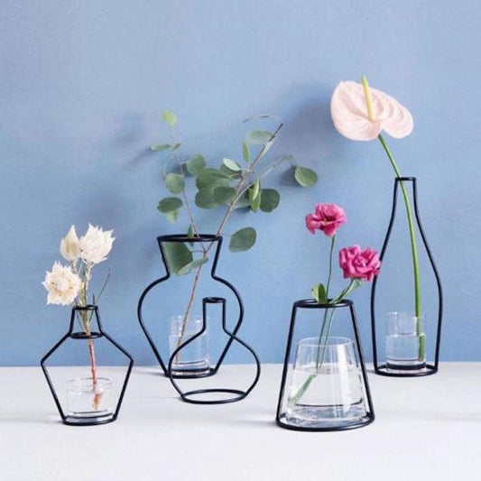 Style Retro Line Flowers Vase Frame Nordic Style Wall Hanging Metal Holder Modern Solid Home Decor Modern Rose Frame Clear Vase Planter Flower Holder Decorations for Wedding Living Room, Office Party