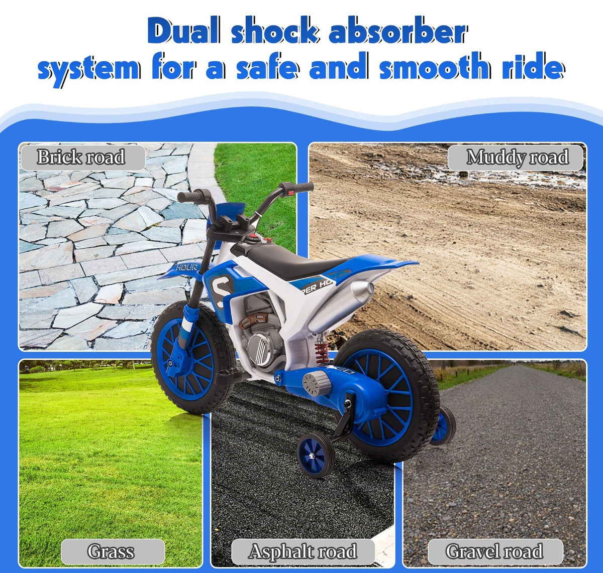 Electric 12V Blue Kids Ride-On Motorcycle with Training Wheels