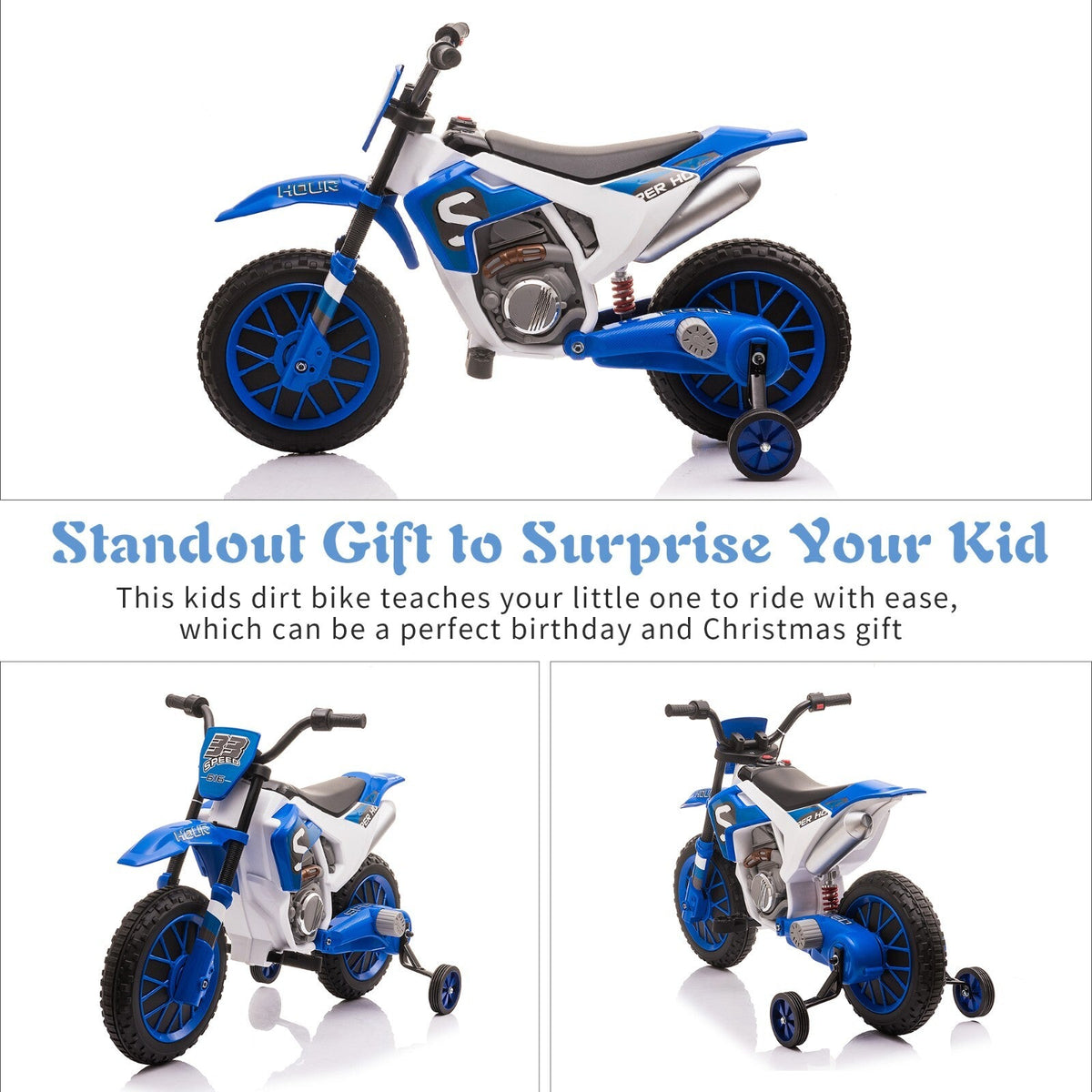 Electric 12V Blue Kids Ride-On Motorcycle with Training Wheels