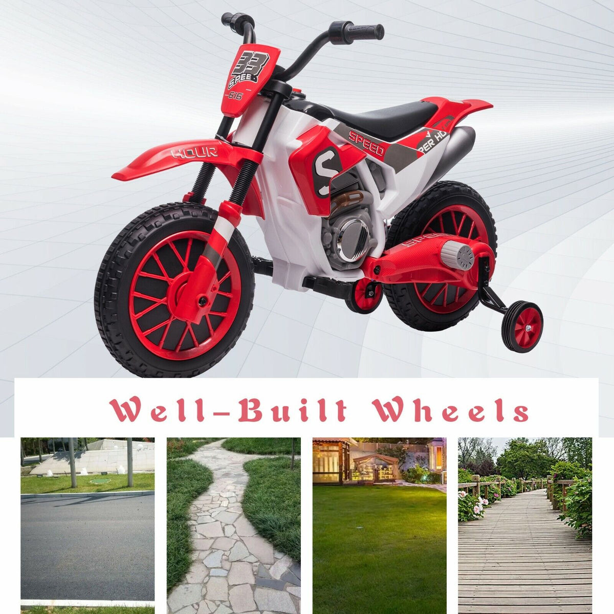 TOBBI 12V Electric Dirt Bike for Kids with Training Wheels - Realistic Motorbike Experience