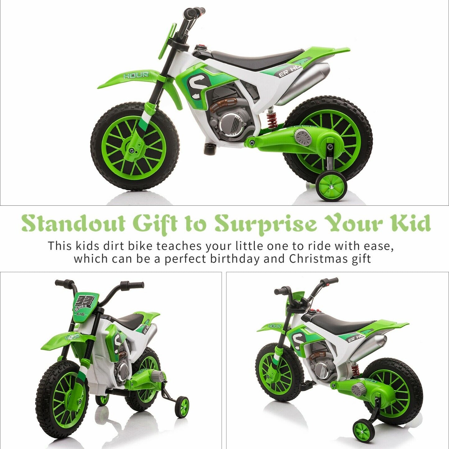 Electric Dirt Bike for Kids with Training Wheels - 12V Off-Road Ride-On Toy