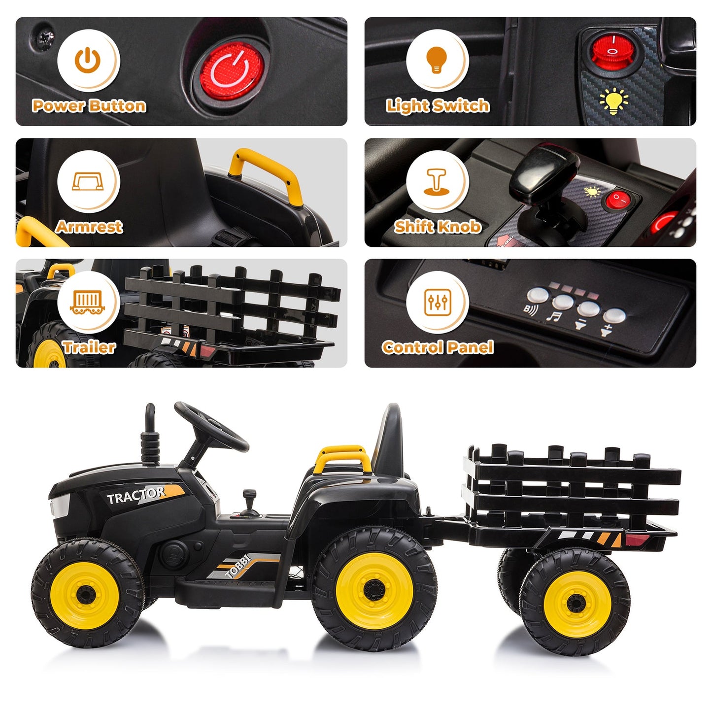 12V Electric Ride-On Kids Tractor with Battery Powered Toy Car and Trailer
