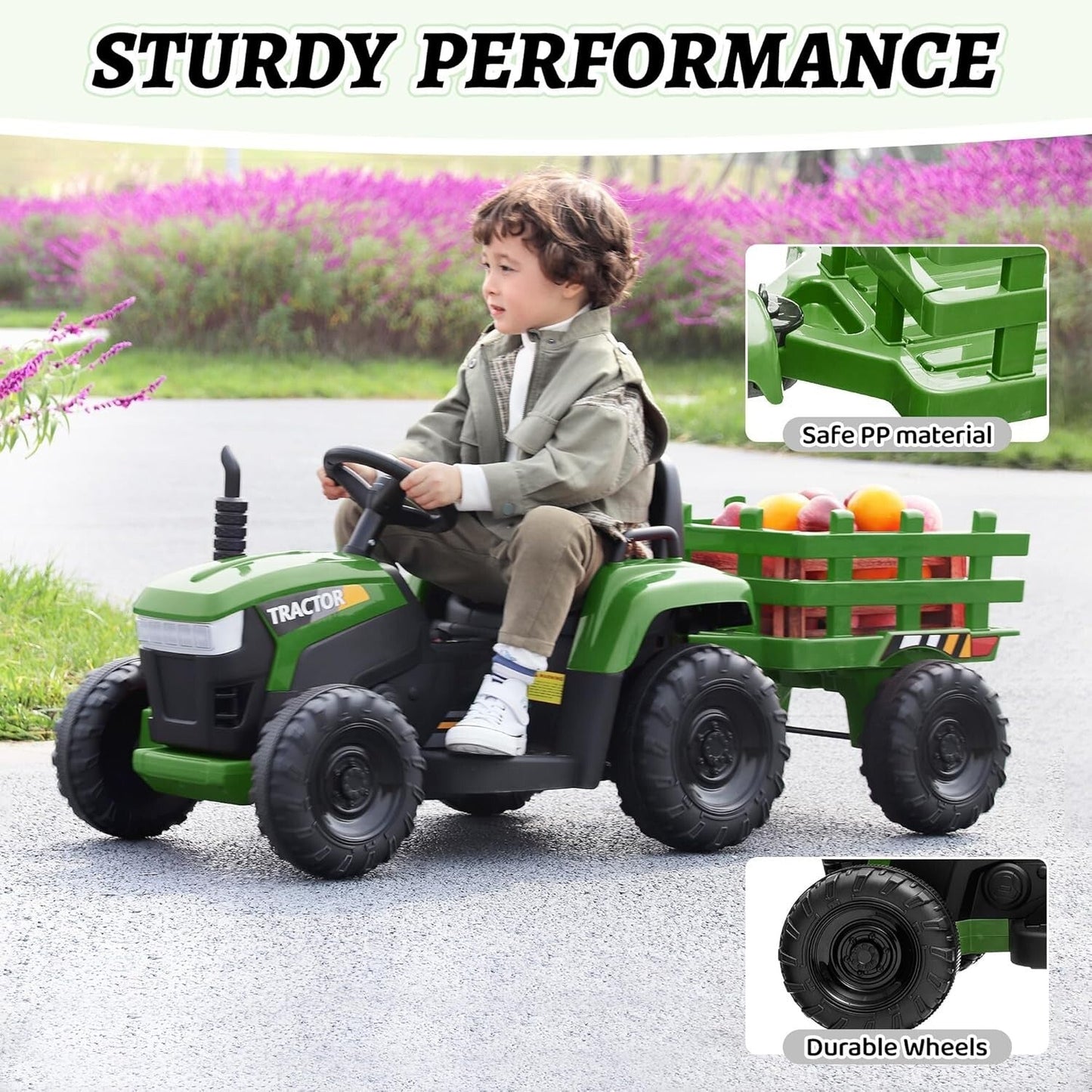 12V Battery-Powered Kids Ride-On Tractor Toy with Trailer and 35W Dual Motors