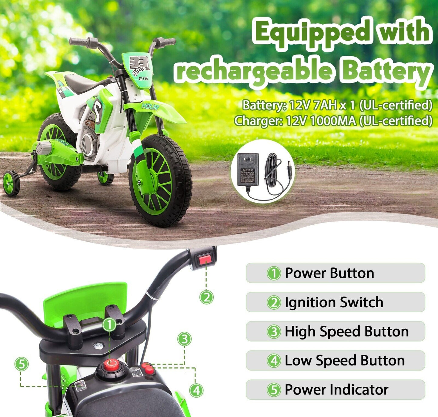 TOBBI Kids Electric Motorbike with Training Wheels - Perfect Gift for Young Riders