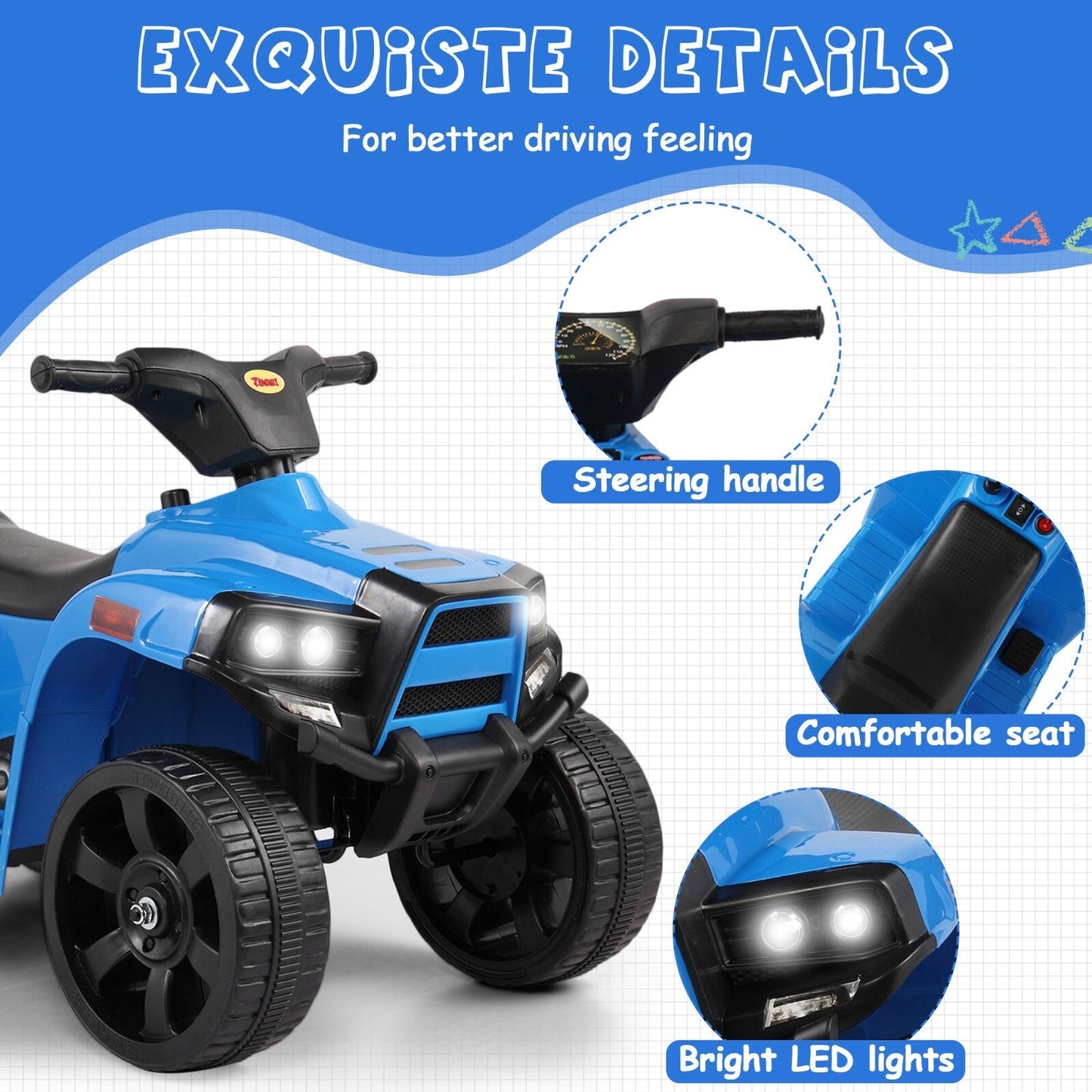 Kids Electric Ride-On ATV Quad Car Toy with LED Headlights and Speed Indicator