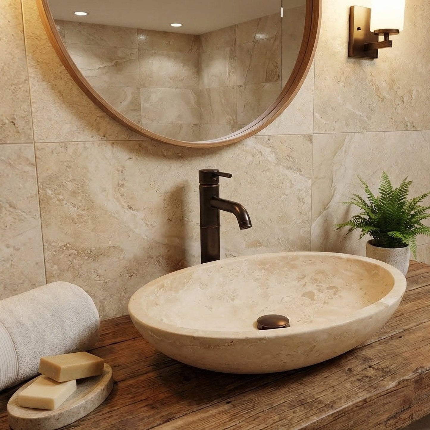 Travertine Natural Stone Oval Vessel Sink 16x21x6 Handcrafted Light Beige Artisan