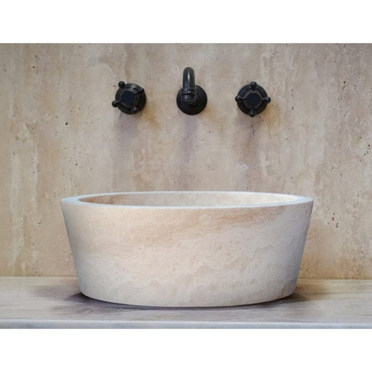 Light Beige Travertine Natural Stone Sculptural Conical Vessel Sink 16 x 6 Inch