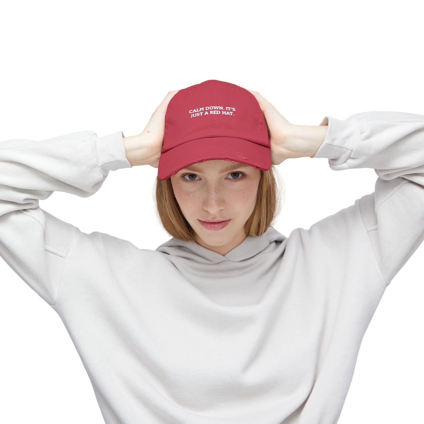 Unisex Distressed Cap - Calm Down Just a Red Hat