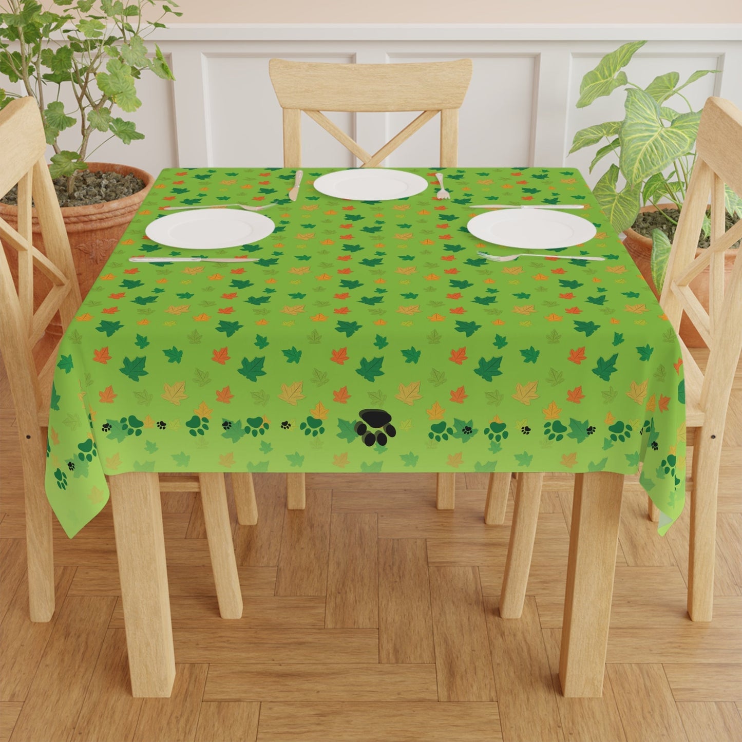 Vibrant Kitty Prints & Leaves Tablecloth
