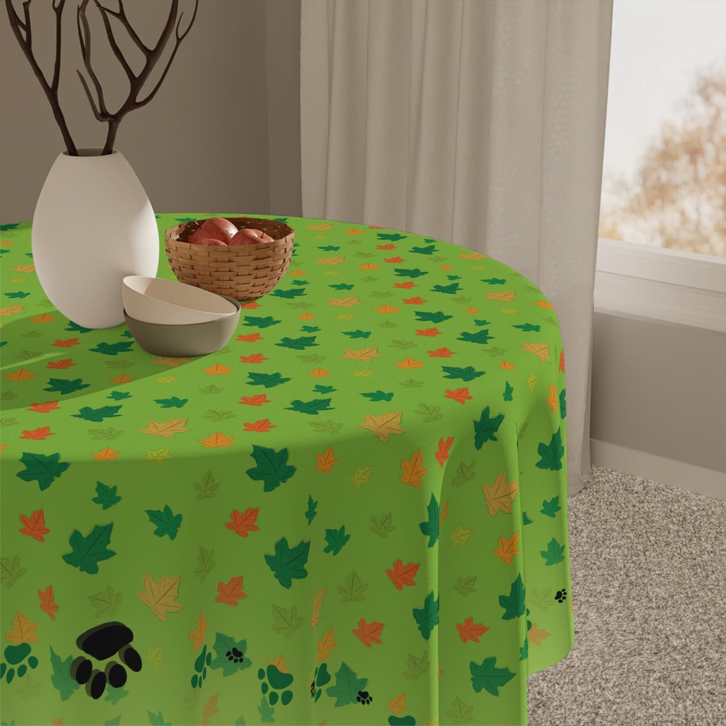 Vibrant Kitty Prints & Leaves Tablecloth