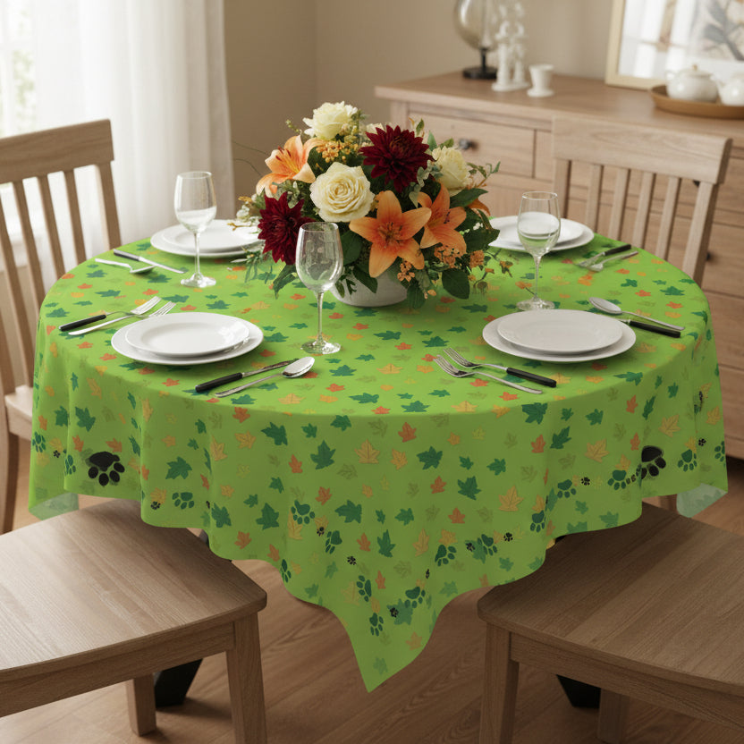 Vibrant Kitty Prints & Leaves Tablecloth