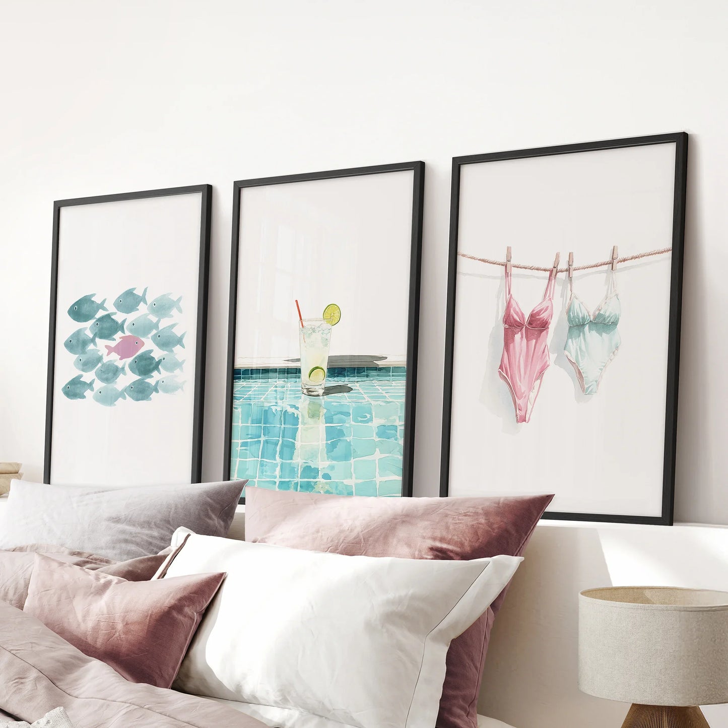 Summer Wall Art Set of 3. Poolside Party Watercolor Prints