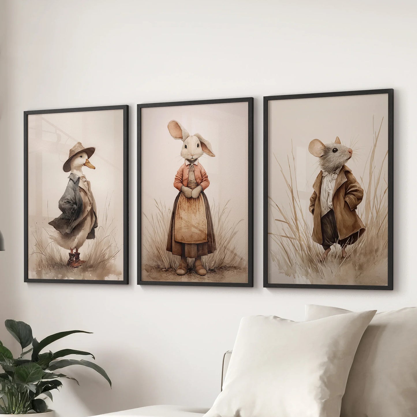 Whimsical Animal Wall Art. Dug & Mouse Set 3 Vintage Prints