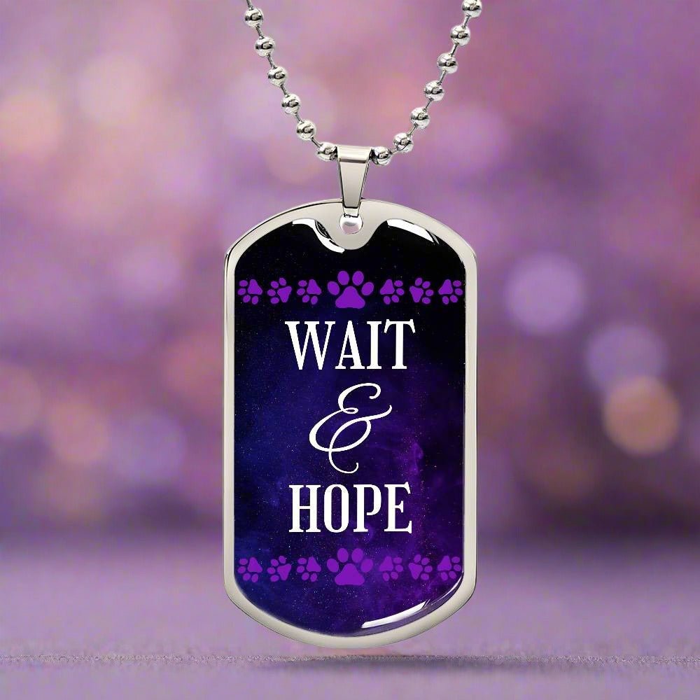 Wait & Hope Necklace – Purple Ribbon Paw Print Dog Tag Pendant