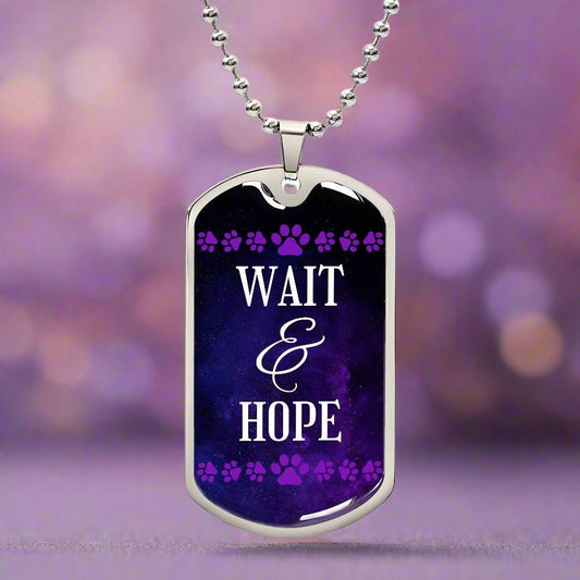 Wait & Hope Necklace – Purple Ribbon Paw Print Dog Tag Pendant